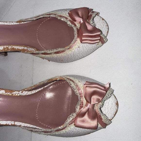 Y2K Delicious White Pink Lace Bows Ribbon Trim Stripper Peep Toe Pumps Size 9 - Picture 8 of 15